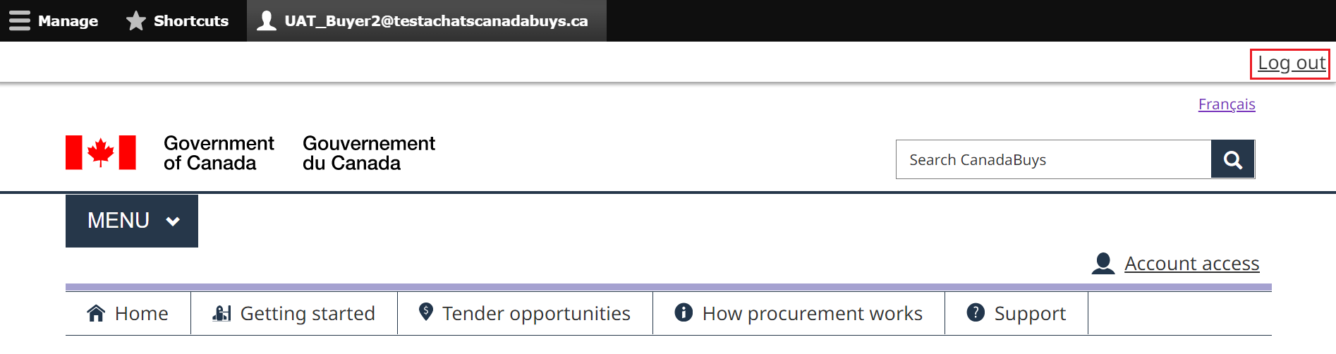 A screenshot of the CanadaBuys homepage, with the Log out button highlighted.