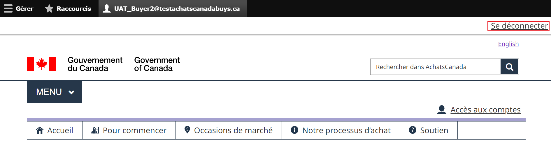 une capture d'écran de la page d'accueil d’AchatsCanada, avec le bouton  Se déconnecter mis en évidence. 