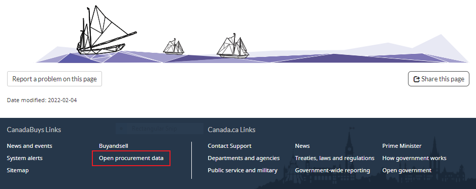 A screenshot of the CanadaBuys Links section at the bottom of the CanadaBuys website with the Open procurement data link highlighted.