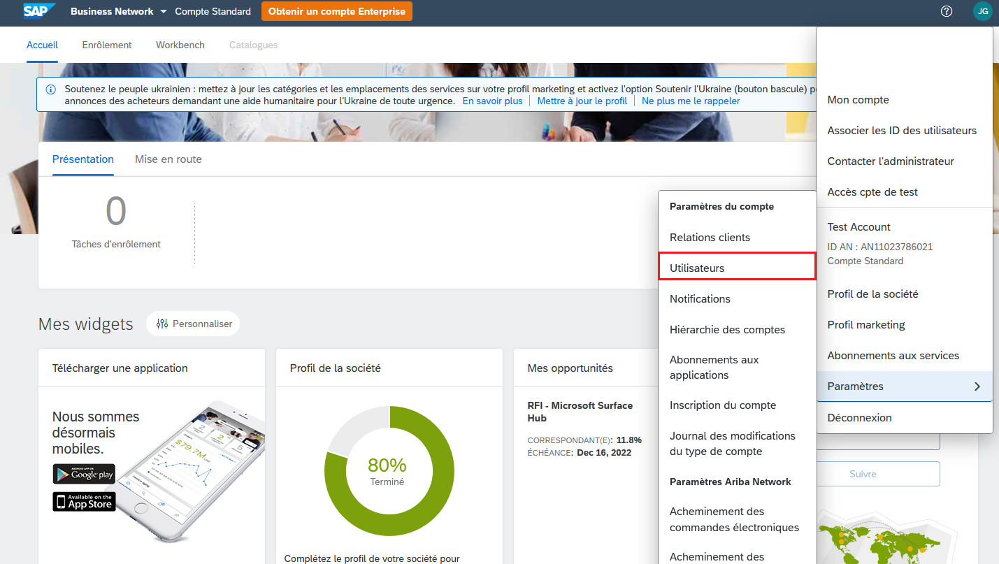Capture d’écran de la page d’accueil de SAP Ariba, avec l’option Utilisateurs du menu déroulant Paramètres du compte mis en évidence.