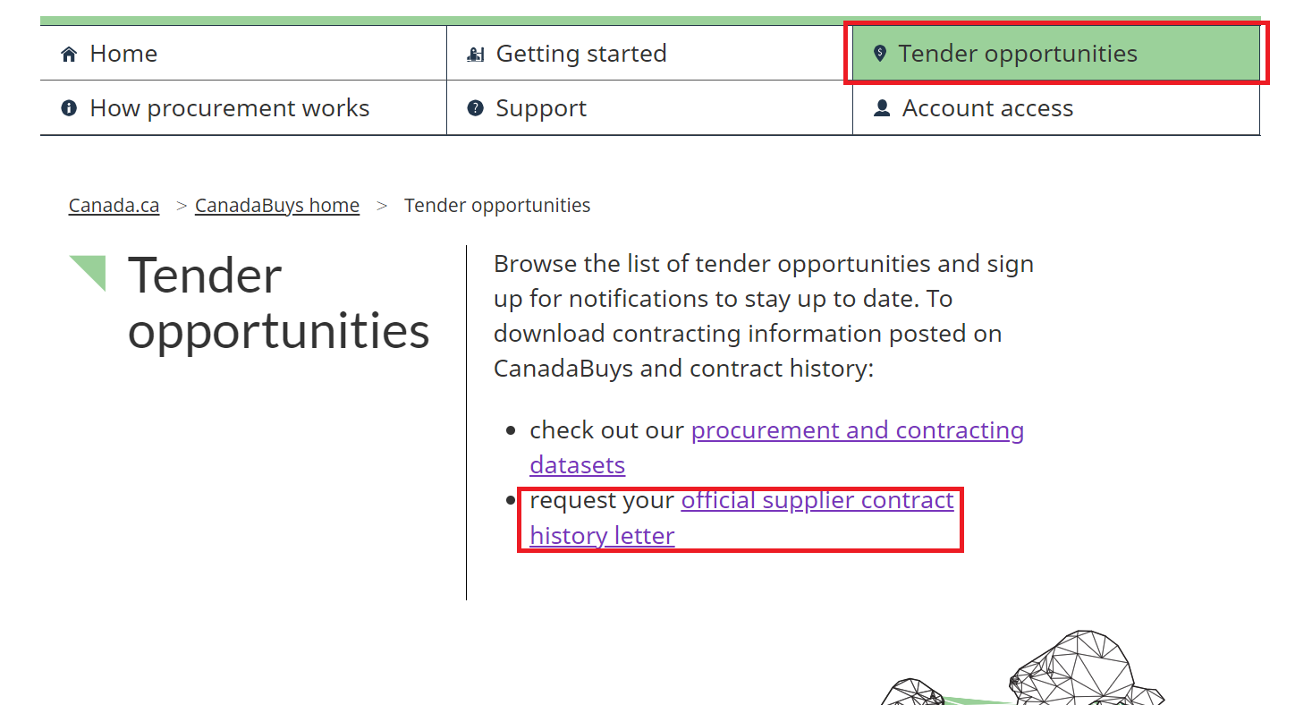 A screenshot of the Tender opportunities homepage with the Tender Opportunities navigation option and the request your official supplier contract history letter link highlighted.
