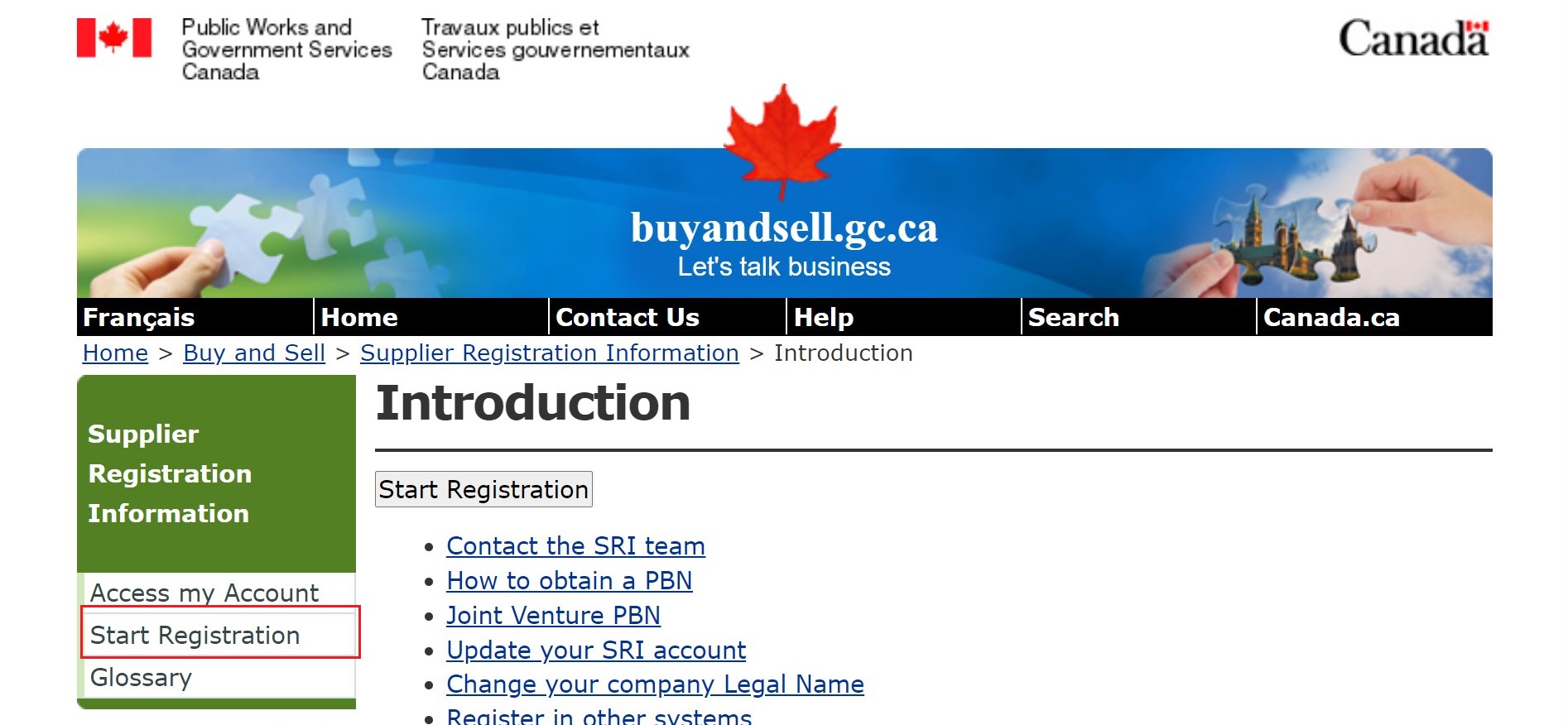 A screenshot of the Introduction page of the SRI system website, with theStart Registration in the left-hand navigational menu highlighted. 