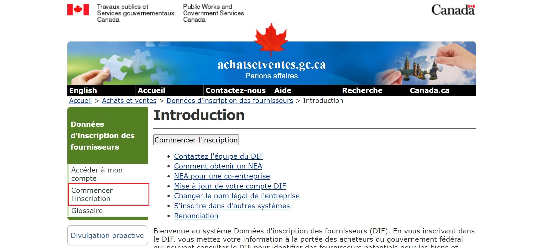 Capture d’écran de la page d’accueil du site Web du système des DIF, avec l’option « Commencer l’inscription » dans le menu de navigation à gauche mise en évidence.