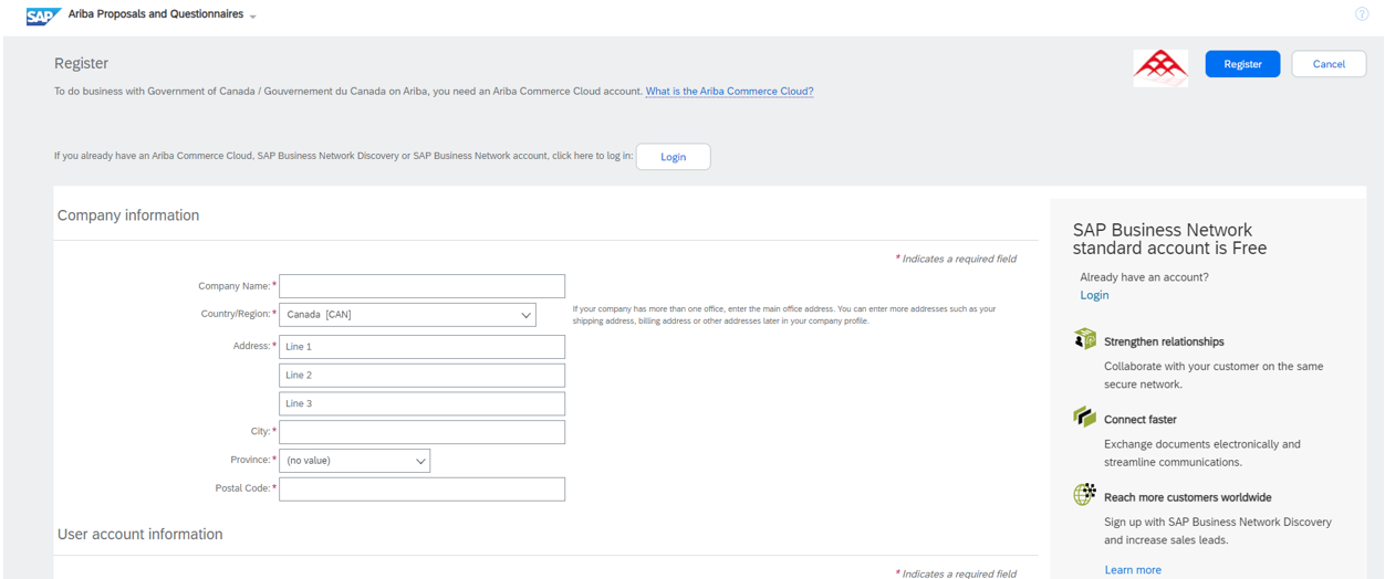 A screenshot of the Company information section of the SAP Business Network Register page.