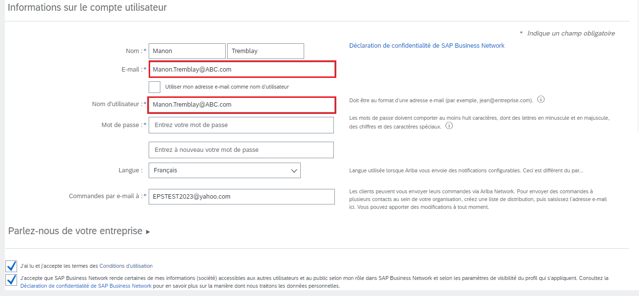 Saisie d’écran de la section Informations sur le compte utilisateur de la page d’inscription SAP Ariba, avec les champs E-mail et Nom d’utilisateur mis en évidence.