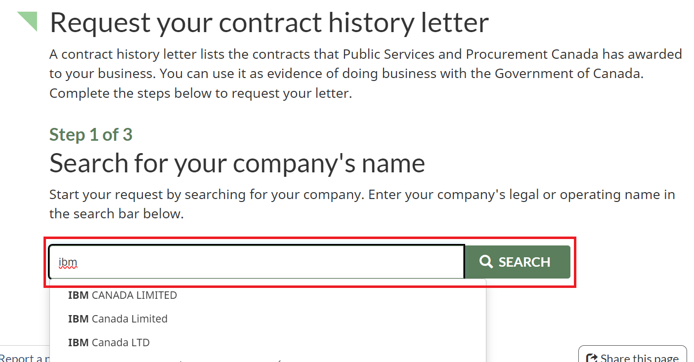 Screenshot of the Request your contract history letter page with the search bar highlighted.
