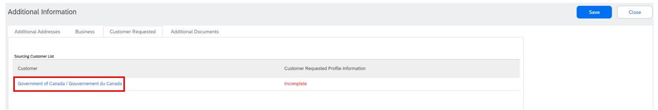 A screenshot of the Customer Requested tab from the Additional information page, with the Government of Canada / Gouvernement du Canada link highlighted.