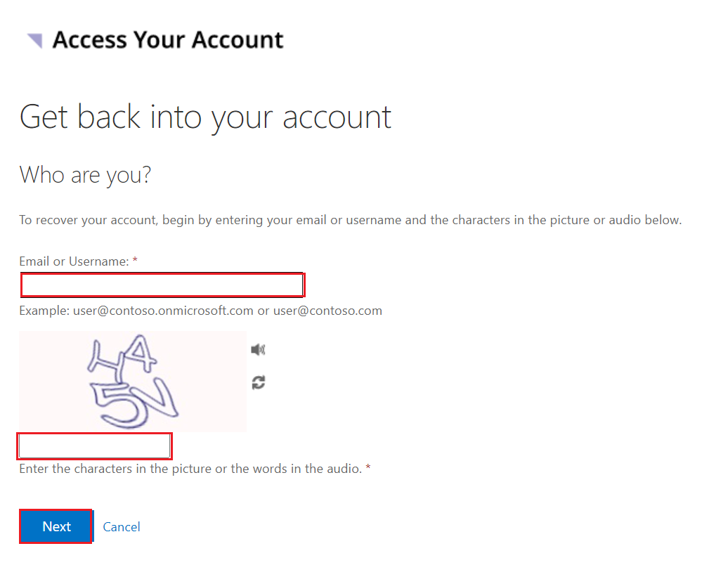 A screenshot of the Access your account page, with Email or Username field, a user validation field and the Next button highlighted.
