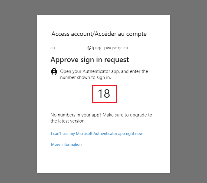 A screenshot of the Access your account page, with an Authenticator app number highlighted. 