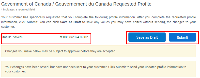 A screenshot of the top of the questionnaire with the Submit button and Save as draft button highlighted.