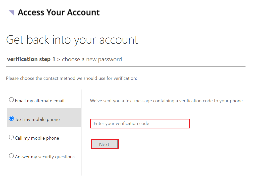 A screenshot of the Verification step 1 page, with the Enter your verification code field and Next button highlighted.