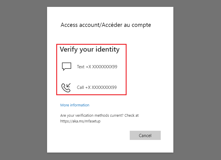 A screenshot of the Access your account page, with Verify you identity text and call options highlighted. 