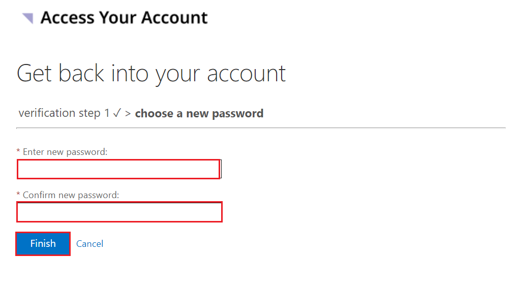 A screenshot of the Choose a new password page, with the Enter new password and Confirm new password fields, and the Finish button highlighted.