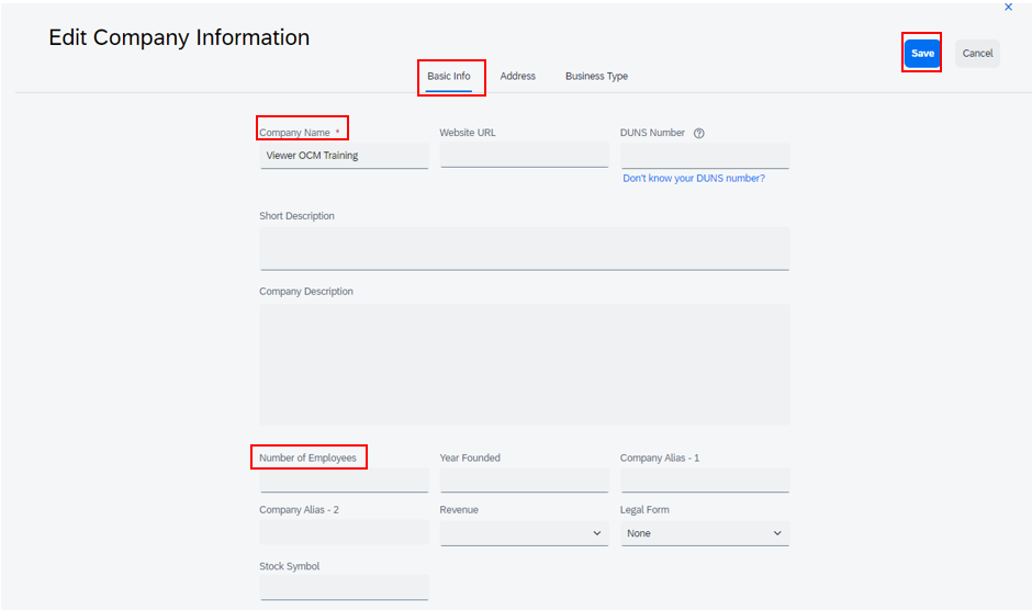 A screenshot of the Basic info tab of the Edit Company Information page, with the Company Name field and the Save button highlighted.