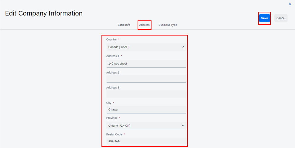 A screenshot of the SAP Business Network Edit Company Information Address tab, with the Country, Address 1, City, Province and Postal Code fields and the Save button highlighted.