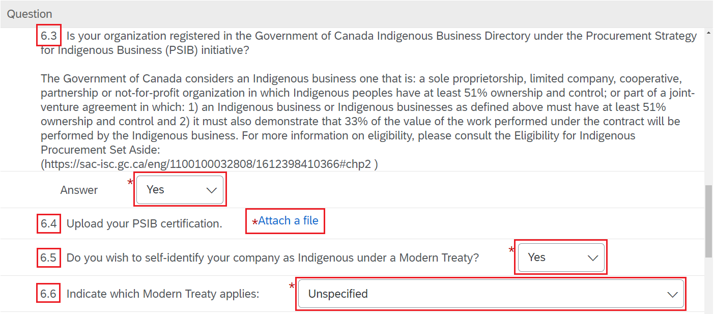A screenshot of question 6 – Voluntary Indigenous Self-Identification of the supplier questionnaire in SAP Ariba, with 6.3, 6.4, 6.5, 6.6 and the answer drop-down box highlighted. 