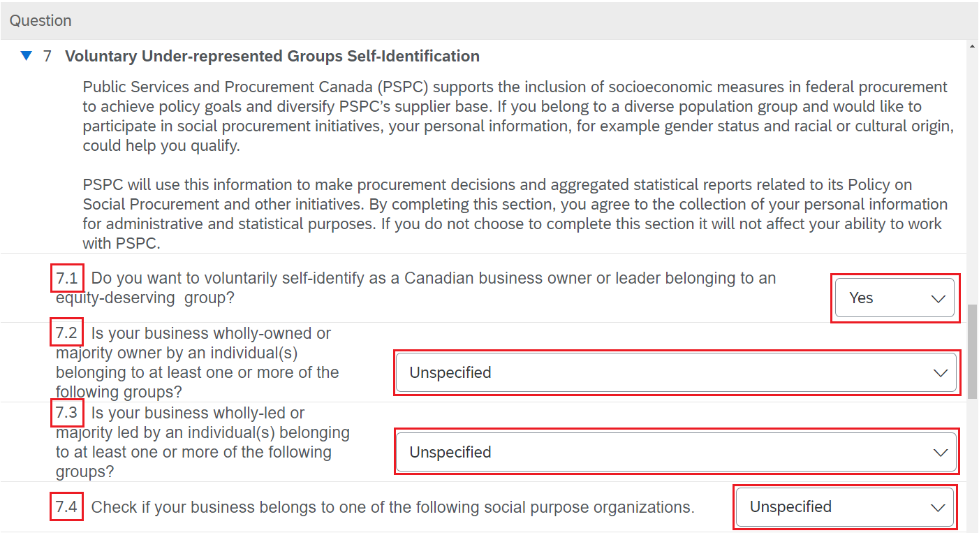 A screenshot of question 7 – Supplier diversity in the supplier questionnaire in SAP Ariba, with 7.1, 7.2, 7.3, 7.4 and the answer drop-down fields highlighted.