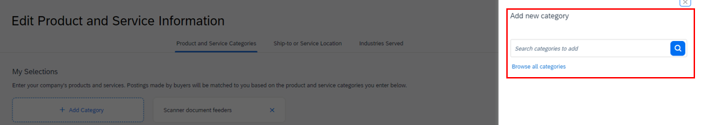 A screenshot of the Edit Product and Service Information page with the Add new category pane highlighted.