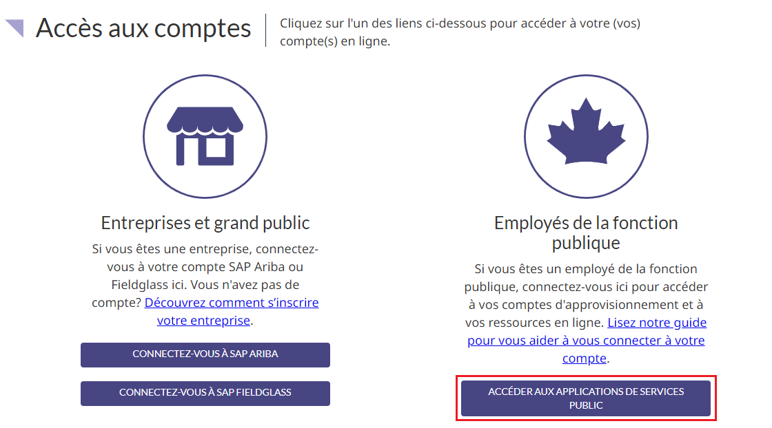 Une capture d’écran de la page d’accès au compte avec le bouton « Accéder aux applications de services publics » mis en évidence.