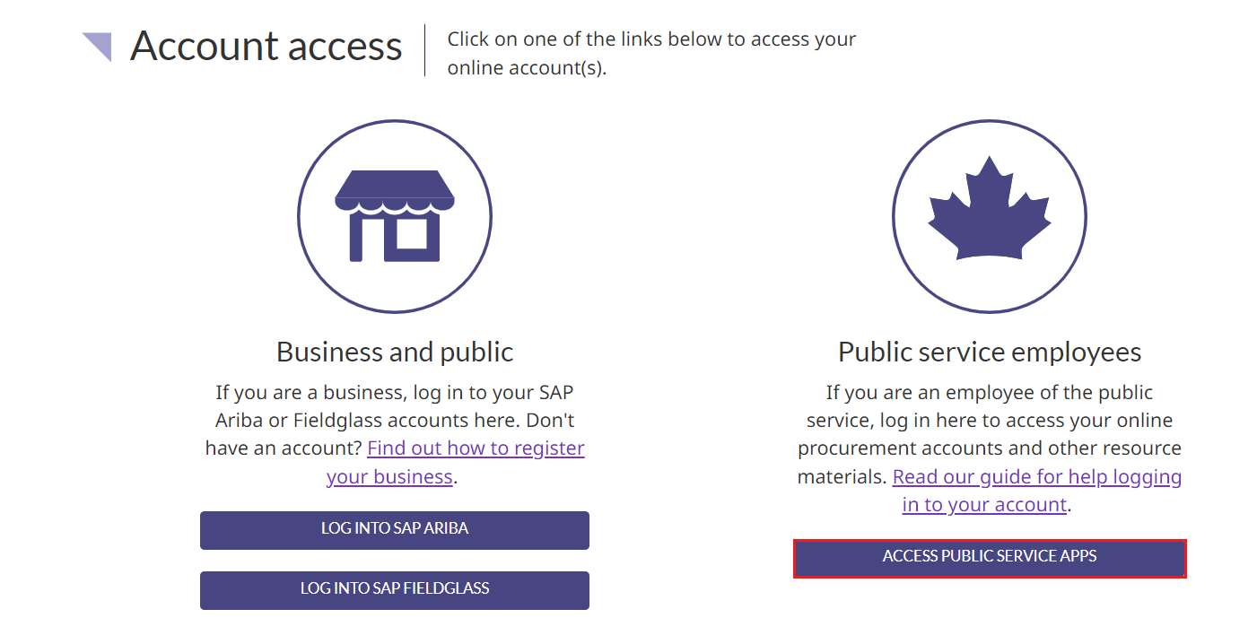 A screenshot of the Account access page, with the Access Public Service Apps button highlighted.