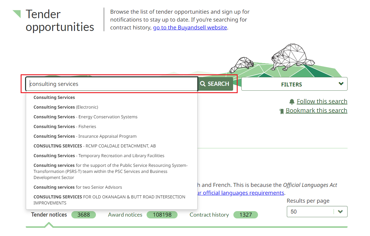 A screenshot of the Tender opportunities page, with the search bar at the top of the page highlighted. 
