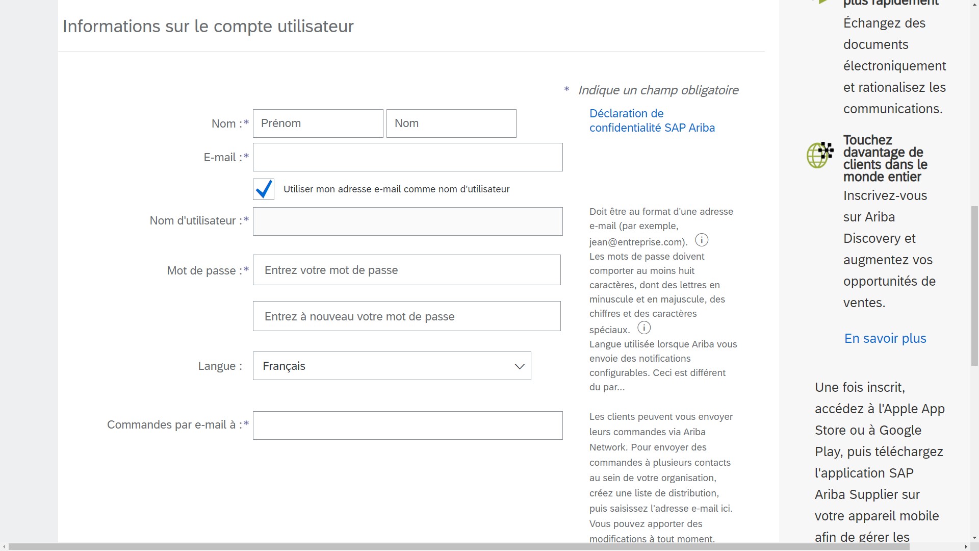 Saisie d’écran de la section Informations sur le compte utilisateur de la page d’inscription SAP Ariba.