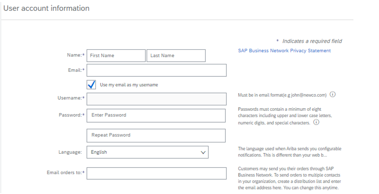 A screenshot of the User Account information section on the SAP Business Network Register page.