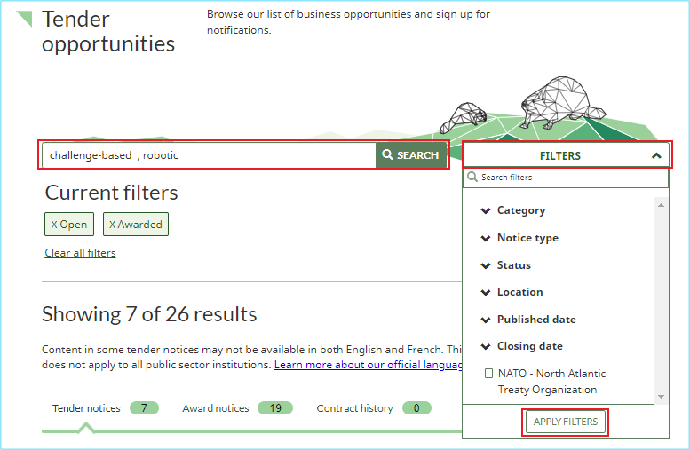 A screenshot of the Tender opportunities page with the Search bar, the Filter drop-down menu, and the Apply filters button highlighted.