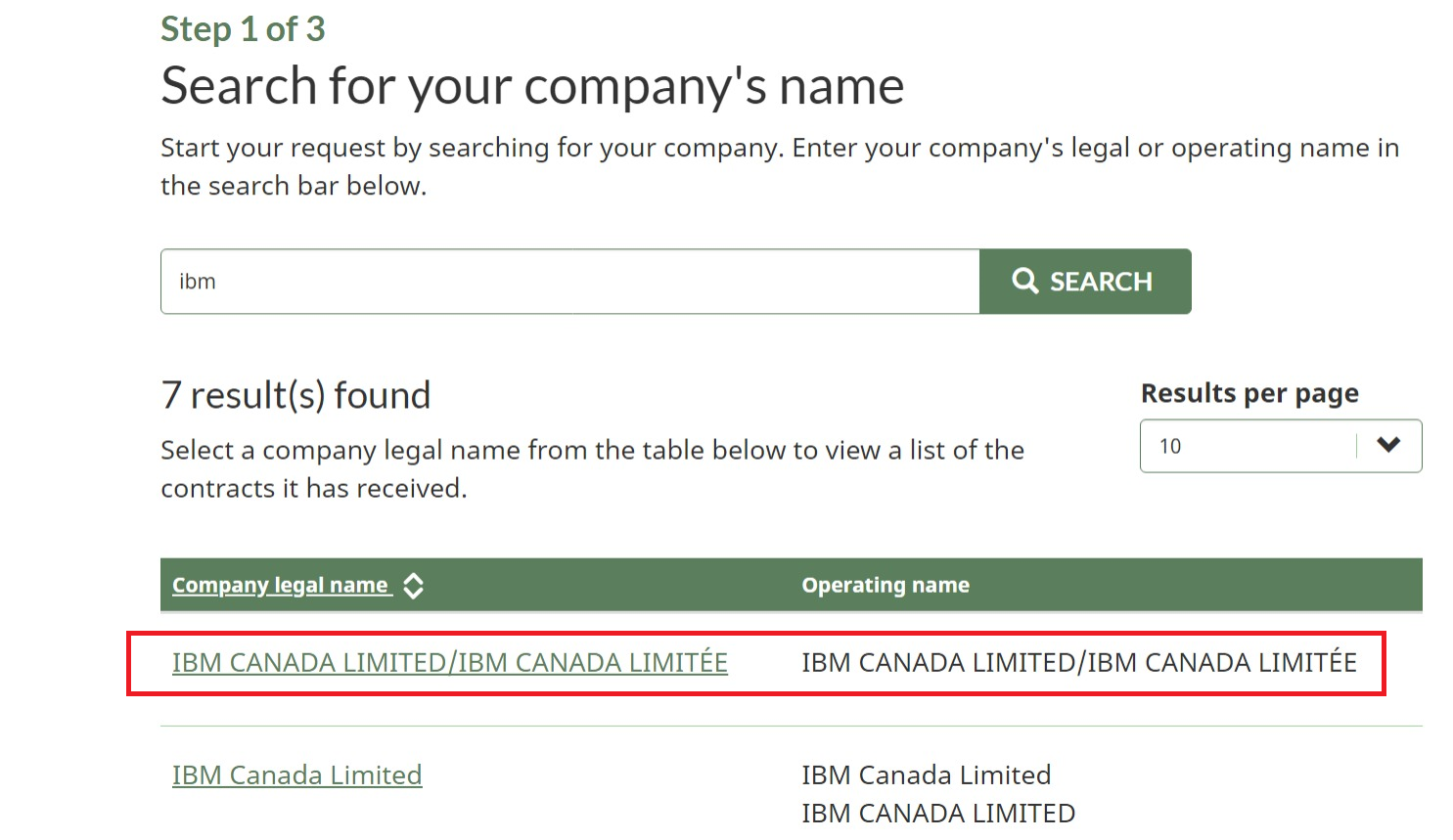 A screenshot of the Search for your company’s name page with the company’s legal name and operating name highlighted.