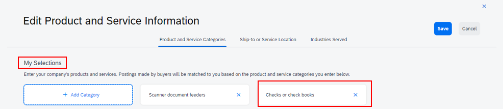 A screenshot of the Edit Product and Service Information page, with the My Selections heading and a category highlighted. 