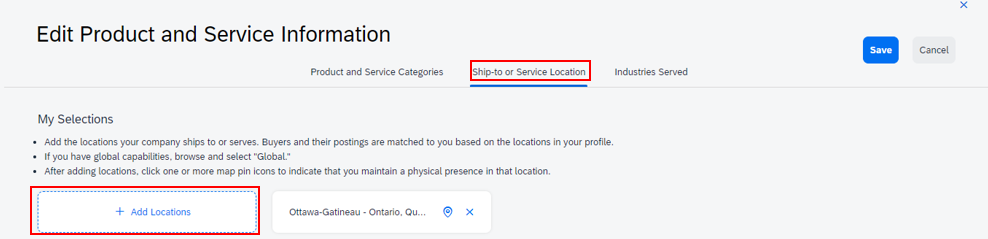 A screenshot of the Edit Product and Service Information page, with the Ship to or Service Location tab and the Add location button highlighted. 