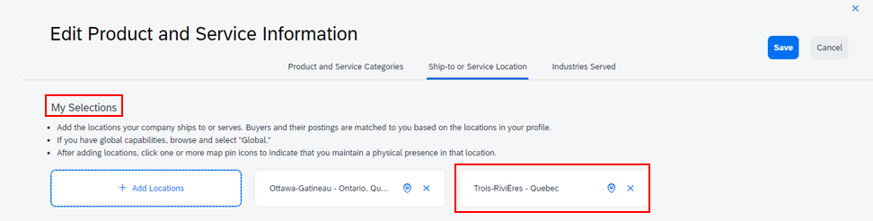 A screenshot of the Edit Product and Service Information page, with the My selections heading and locations highlighted. 