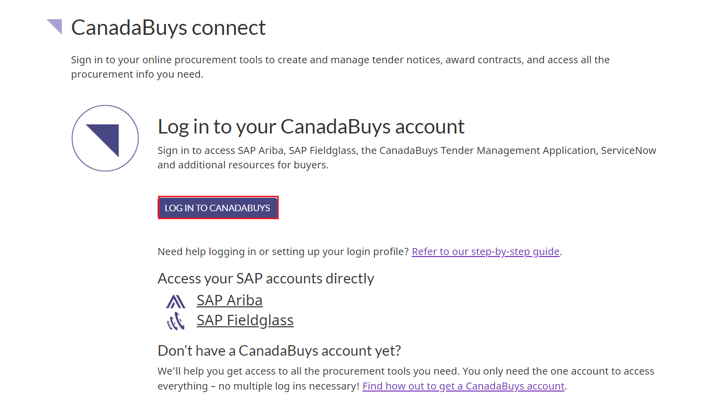 A screenshot of the Canadabuys connect, with the Log in to CanadaBuys button highlighted.