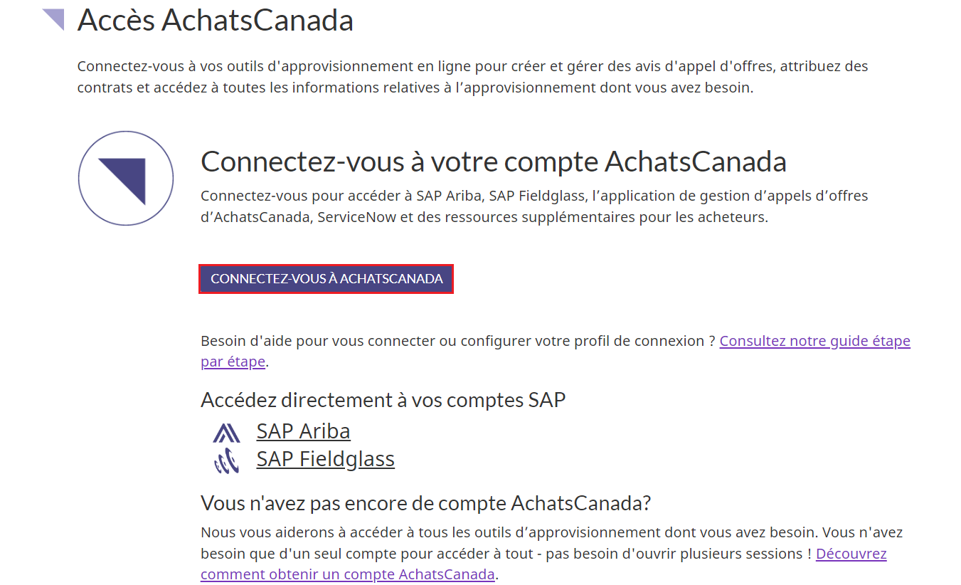 Une capture d’écran de la page Accès AchatsCanada, avec le bouton  Connectez-vous AchatsCanada mis en évidence.