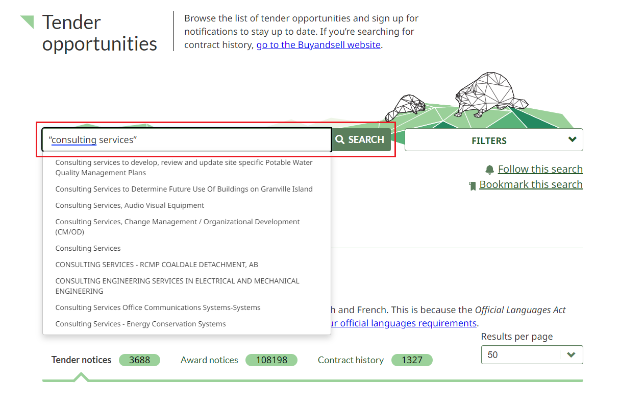 A screenshot of the Tender opportunities page, with examples of keywords in quotation marks in the search bar and the search button highlighted.