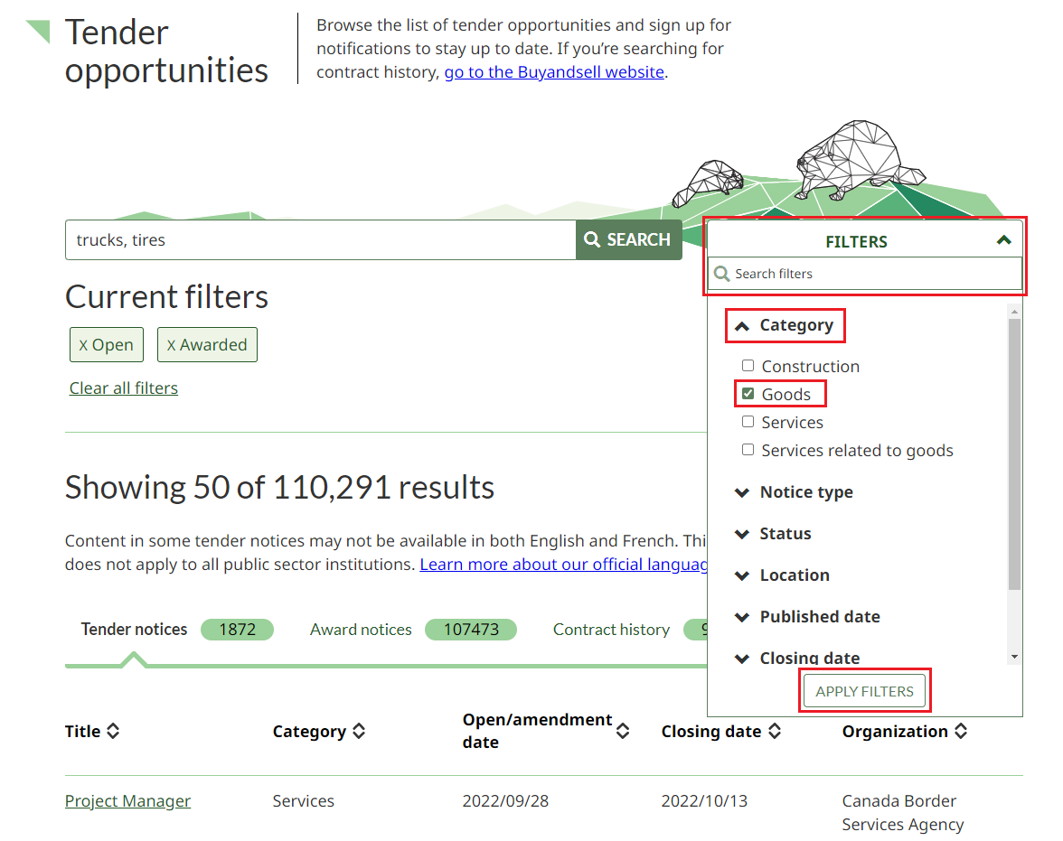 A screenshot of the Tender opportunities page, with the filters drop-down box, search filters bar, a selected filter and Apply filters button highlighted. 