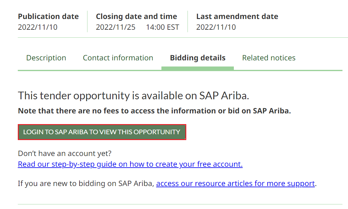 A screenshot of the Bidding details tab of a tender notice, with the Log in to SAP Ariba to view this opportunity button highlighted.
