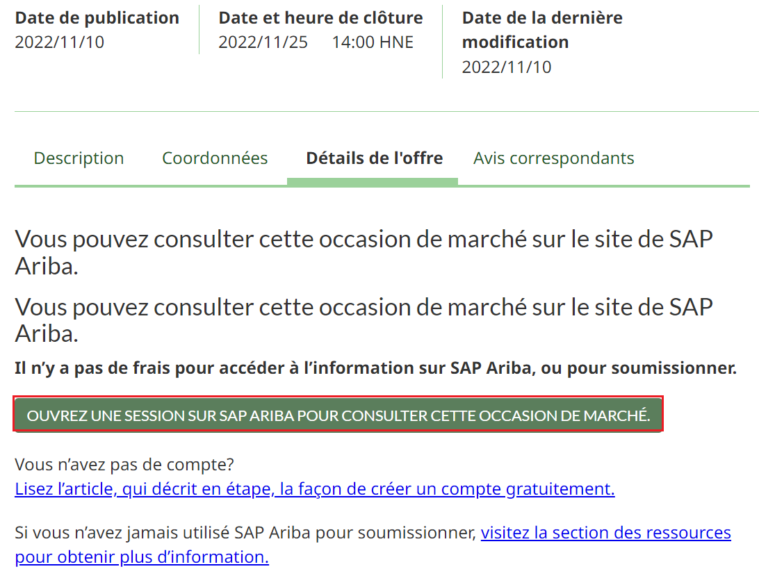 Capture d'écran de l'onglet Détails de l’offre d’un avis d’appel d’offres, avec le bouton Ouvrez une session sur SAP Ariba pour consulter cette occasion de marché mis en évidence.