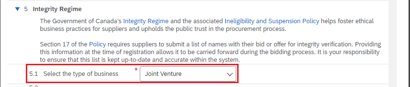 A screenshot of question 5 - Integrity regime of the Government of Canada questionnaire, with question 5.1 – Select the type of business highlighted. 