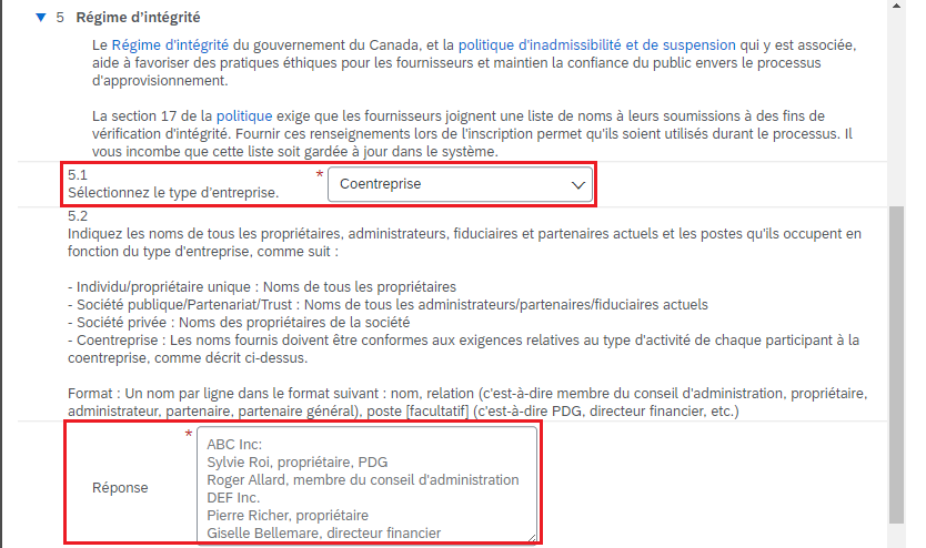 Saisie d’écran de la question 5 du questionnaire du gouvernement du Canada avec les questions 5.1 et 5.2 mise en évidence. 