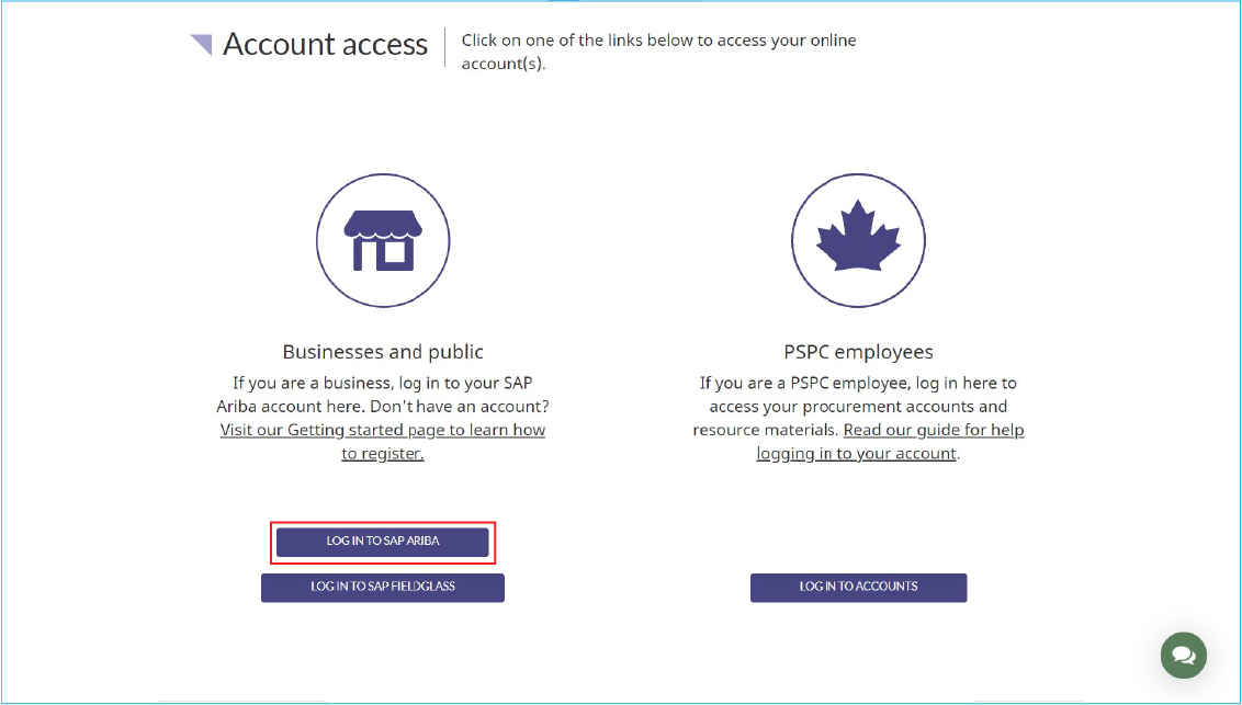 A screenshot of the Account access page with the Log in to SAP Ariba button highlighted
