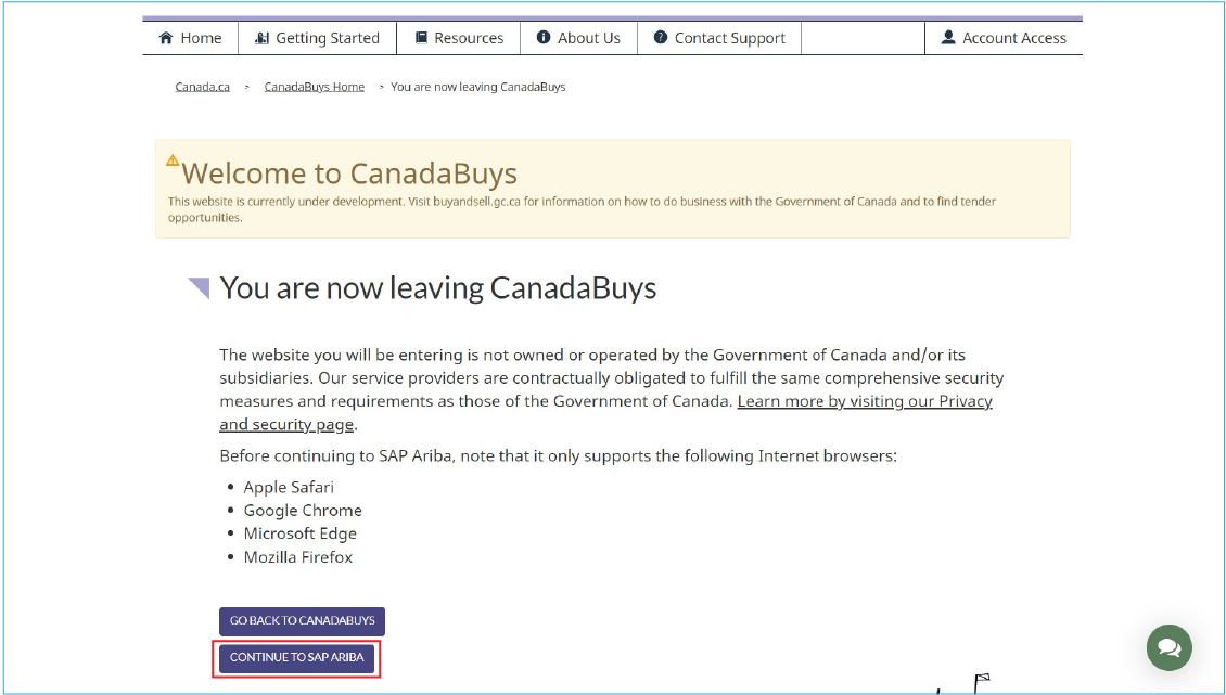 A screenshot of the Ariba notification page on CanadaBuys, with the Continue to SAP Ariba button highlighted. 