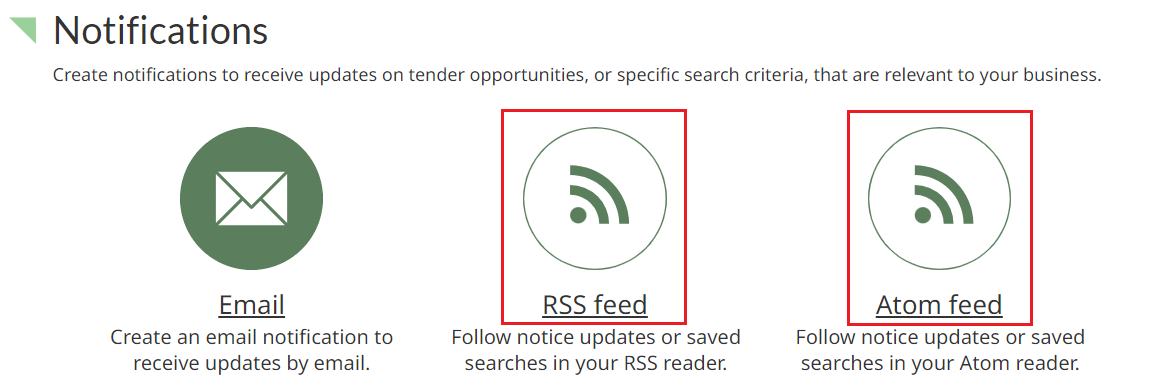 A screenshot of the Notifications page with the RSS Feed and Atom Feed buttons highlighted. 