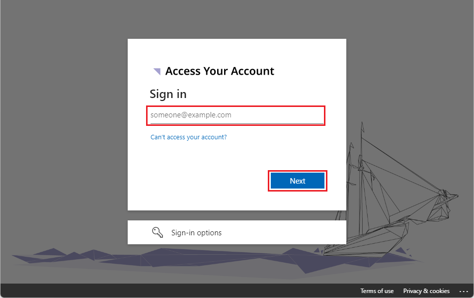 A screenshot of the Access your account page with the email field and the next button highlighted.