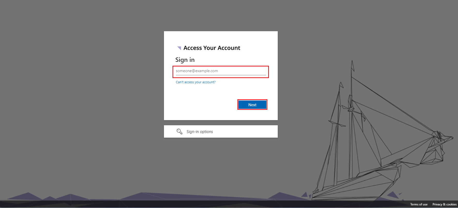 A screenshot of the Access your account page with the email field and the next button highlighted.
