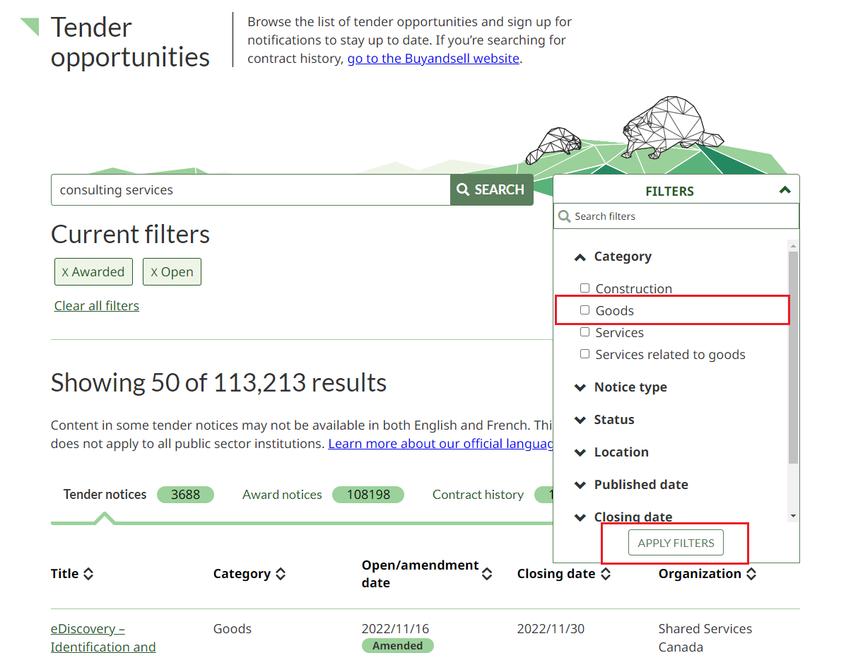 A screenshot of the Filters drop-down menu on the Tender opportunities page, with the Goods filter option and the Apply filters button highlighted.