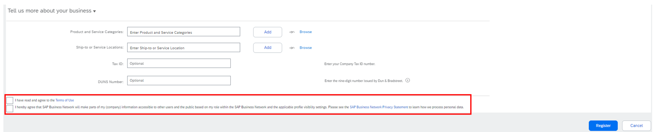 A screenshot of the Terms of Use section on the SAP Business Network Registration page, with the check boxes highlighted.