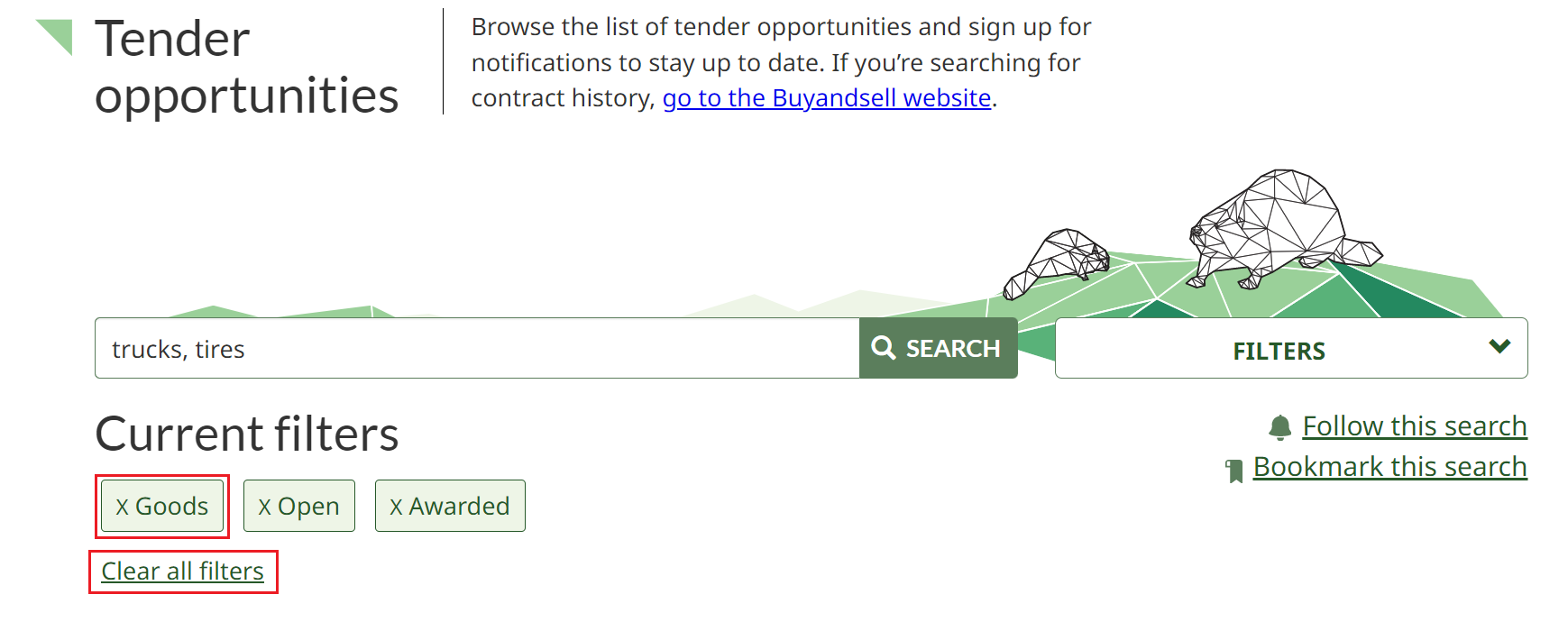 A screenshot of the Tender opportunities page, with the current filters and clear all filters link highlighted. 