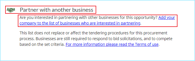 A screenshot of the bottom of the description tab of a tender notice with the Partner with another business title and the Add your company to the list of businesses who are interested in partnering link highlighted.
