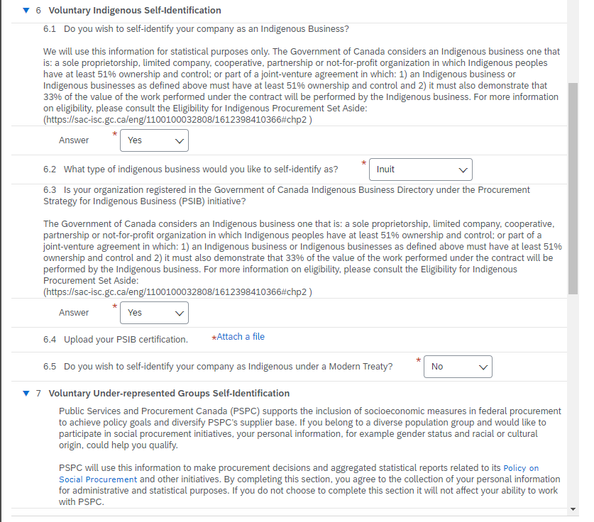 A screenshot of questions 6 - Voluntary Indigenous Self-Identification and 7 - Voluntary Under-Represented Groups Self-Identification of the Government of Canada questionnaire.